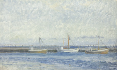 Dipinto firmato Viggo MADSEN (1885 - 1954) Norske baade i havnen (Barche norvegesi nel porto). Skagen Danimarca, 1936