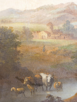 Dipinto a olio di scuola veneta settecentesca, Paesaggio, scena pastorale. Cornice coeva dorata in foglia oro. Italia, Settecento