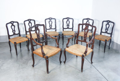 Set di otto sedie stile Luigi XVI, due troni a braccioli, in legno di noce. Ottocento 
