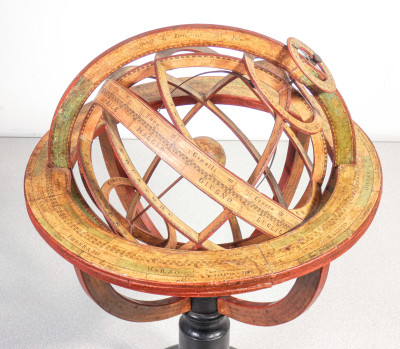 Antica sfera armillare PARAVIA in legno, ferro e carta. Italia, Metà del XIX secolo