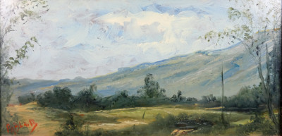 Serie di tre paesaggi a olio firmati PABLO B. con cornice lignea. Novecento