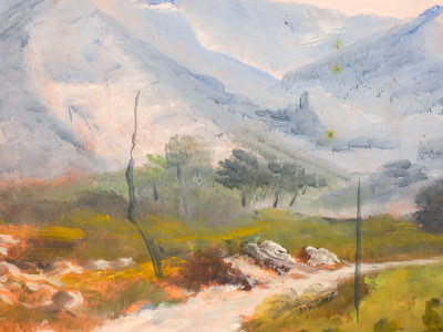 Serie di tre paesaggi a olio firmati PABLO B. con cornice lignea. Novecento