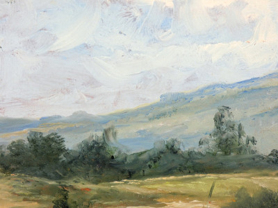 Serie di tre paesaggi a olio firmati PABLO B. con cornice lignea. Novecento