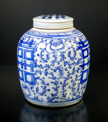 Vaso cinese portaspezie, dipinto nel tradizionale blu su bianco e recante l