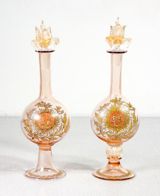 ?? COPPIA BOTTIGLIETTE VETRO SOFFIATO MURANO BOCCETTE FIALE TAPPO PRIMO 1900