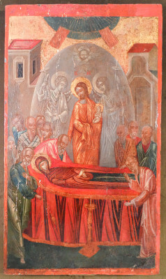 Antica icona bizantina Dormizione della Vergine, olio su tavola. Area bizantina, Fine Cinquecento