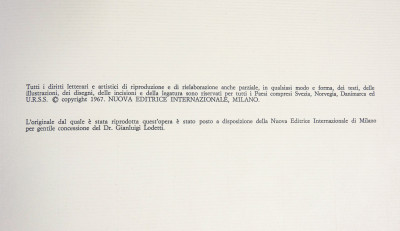 Riproduzione de LA GERUSALEMME LIBERATA di Torquato TASSO con le figure di G. PIAZZETTA edita nel 1745 da G. ALBRIZZI per Maria Teresa D'Austria. Nuova Editrice Internazionale. Numerato 902/1001. Milano, 1967