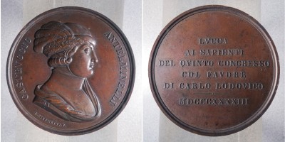 Medaglia coniata per ricordare il Quinto Congresso degli Scienziati Italiani a Lucca, Castrvccio Antelminelli, col favore di Carlo Ludovico. Lucca, 1843