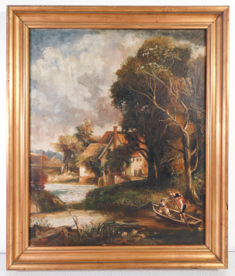 ?? ANTICO QUADRO DIPINTO OLIO TELA EPOCA 1800 PAESAGGIO FIUME BARCA AMANTI