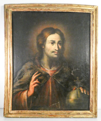 Dipinto settecentesco a olio raffigurante Gesù Cristo Salvator Mundi. Cornice coeva. Italia, Settecento