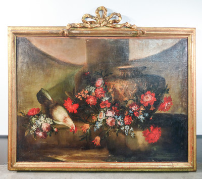 Grande natura morta in olio su tela, con cornice dorata e impreziosita da fiocco scolpito. Ottocento Ottocento