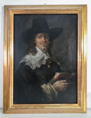 Ritratto di uomo in olio su tavola, copia ottocentesca, probabilmente da Rembrandt. Ottocento