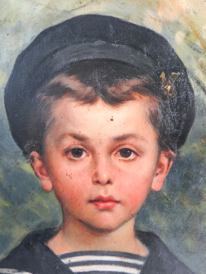 Ritratto di bambino in olio su tela, cornice gessata e dorata. Italia, Primo Ottocento