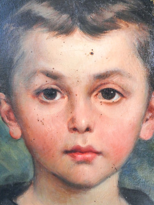 Ritratto di bambino in olio su tela, cornice gessata e dorata. Italia, Primo Ottocento