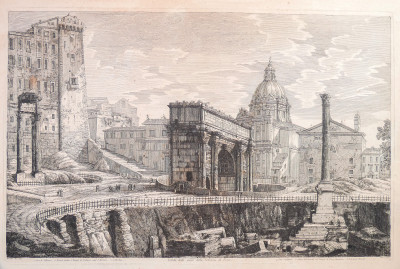 Acquaforte a firma Luigi ROSSINI (1790 – 1857) Veduta dello scavo della Colonna di Foca. Roma, data in lastra 1822