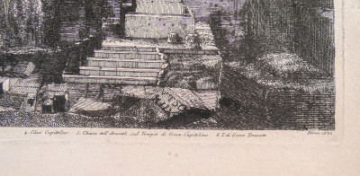 Acquaforte a firma Luigi ROSSINI (1790 – 1857) Veduta dello scavo della Colonna di Foca. Roma, data in lastra 1822