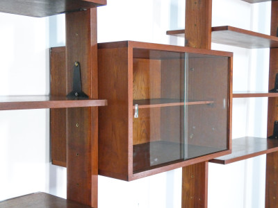 Wall Unit terra/cielo, da centro, in legno di teak, libreria a giorno modulare, componibile. Design italiano, Anni 70