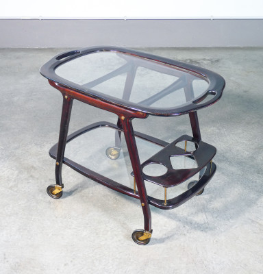 Carrello portavivande design Cesare LACCA, in legno laccato e vetro, con vassoio estraibile. Italia, Anni 50