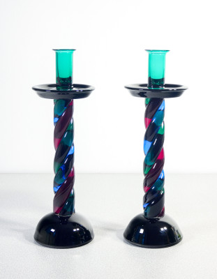 ?? COPPIA CANDELIERI VETRO SOFFIATO POLICROMO MURANO CANDELABRI CANDLE HOLDERS