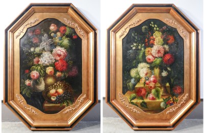 ?? COPPIA QUADRO NATURA MORTA GRANDE CORNICE DORATA DIPINTO OLIO TELA EPOCA 1800