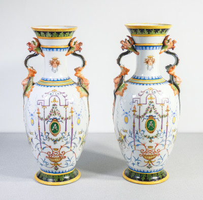 ?? COPPIA VASI EPOCA 1887 CERAMICA DIPINTA A MANO GROTTESCHE FIRMATI SCULTURE