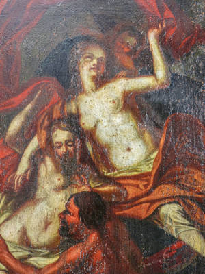 Dipinto settentesco in olio su tela raffigurante una scena mitologica, forse Efesto e Afrodite. Italia, Secondo Settecento
