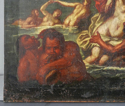 Dipinto settentesco in olio su tela raffigurante una scena mitologica, forse Efesto e Afrodite. Italia, Secondo Settecento