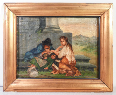 Quadro ottocentesco in olio su tela raffigurante una famiglia. Italia, Fine Ottocento
