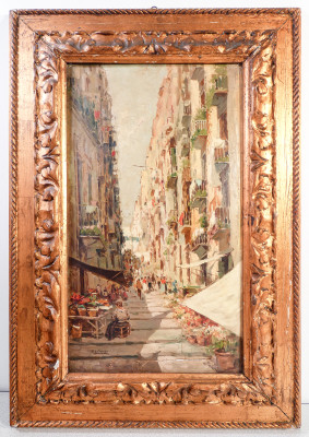 ?? QUADRO FIRMATO GUSTAVO PISANI MERCATO DEI FIORI NAPOLI DIPINTO OLIO TELA 1900