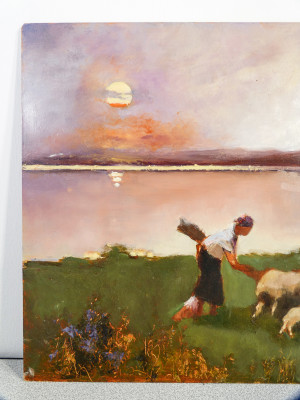 Dipinto in olio su tavola firmato R. SALINO, Scena pastorale sulle rive del Lago al tramonto. Italia, Anni 80