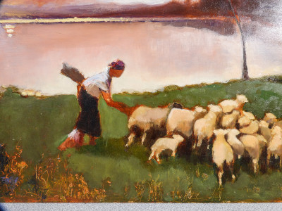 Dipinto in olio su tavola firmato R. SALINO, Scena pastorale sulle rive del Lago al tramonto. Italia, Anni 80