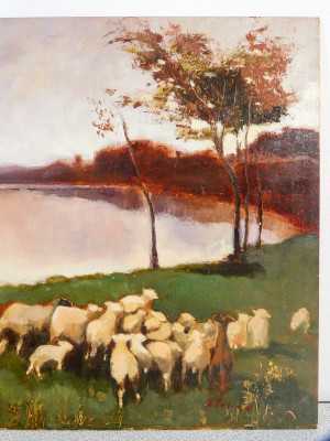 Dipinto in olio su tavola firmato R. SALINO, Scena pastorale sulle rive del Lago al tramonto. Italia, Anni 80