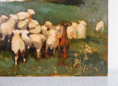 Dipinto in olio su tavola firmato R. SALINO, Scena pastorale sulle rive del Lago al tramonto. Italia, Anni 80