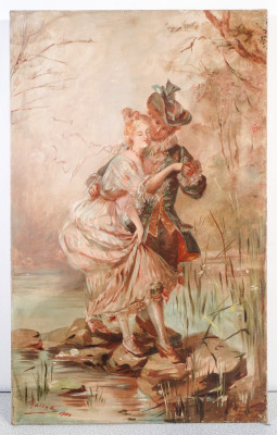?? QUADRO GIOVANE COPPIA AMANTI FIRMATO DATATO 1900 DIPINTO OLIO TELA NOUVEAU