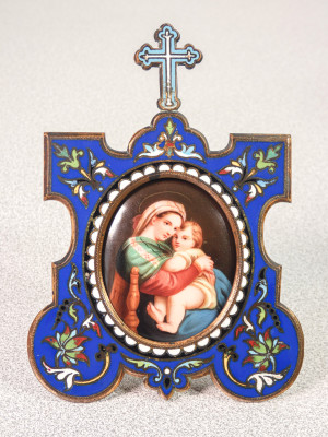 Miniatura a olio della Madonna della Seggiola di Raffaello, bella cornice in metallo e smalti policromi. Italia, 1828