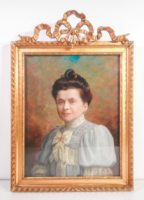 Ritratto di donna firmato V. MOREL. Pastello su carta in cornice dorata. Francia, 1800