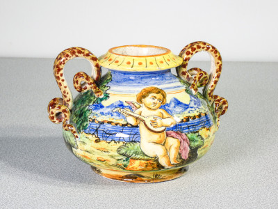 ?? ANTICO VASO CERAMICA ALBISOLA DIPINTA A MANO EPOCA 1800 ANSE A SERPENTE