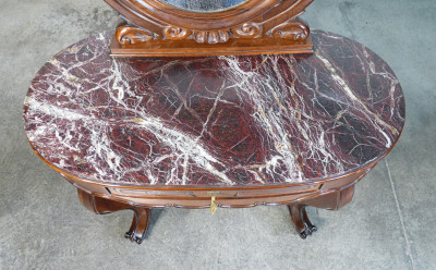 Console con specchiera Carlo X in legno con piano in marmo e cassetto frontale. Ottocento