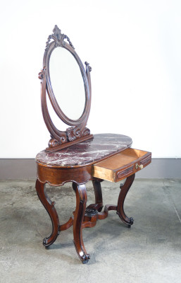 Console con specchiera Carlo X in legno con piano in marmo e cassetto frontale. Ottocento