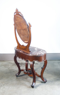 Console con specchiera Carlo X in legno con piano in marmo e cassetto frontale. Ottocento