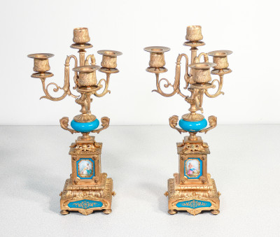 ?? ANTICA COPPIA CANDELABRI LUIGI XVI CERAMICA METALLO DIPINTA A MANO CANDELIERI