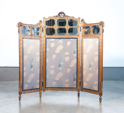 ?? ANTICO PICCOLO PARAVENTO LUIGI XVI EPOCA METÀ 1800 LEGNO TESSUTO RICAMATO