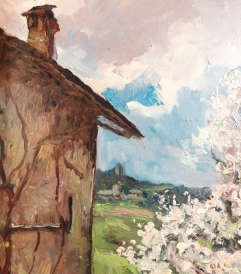 Dipinto a olio firmato Benedetto GHIVARELLO Campagna di Pino Torinese, zona San Felice. Italia, 14-4-1936
