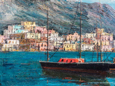 Dipinto a olio su tela realizzato a spatola, Marina con barche, firmato alla base. Novecento