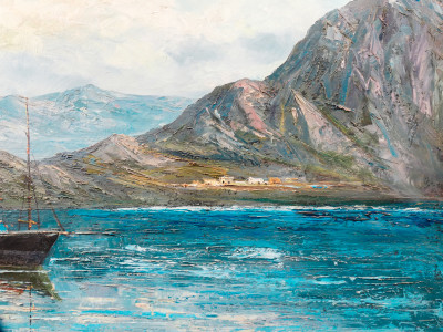 Dipinto a olio su tela realizzato a spatola, Marina con barche, firmato alla base. Novecento