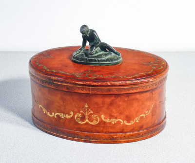 ?? SCATOLA OVALE LEGNO PELLE SCULTURA STATUA BRONZO VELLUTO VERDE EPOCA 1800