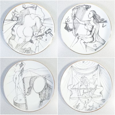 Set di quattro piatti con disegni di Salvador DALÌ serie Le Arti. Anni 70