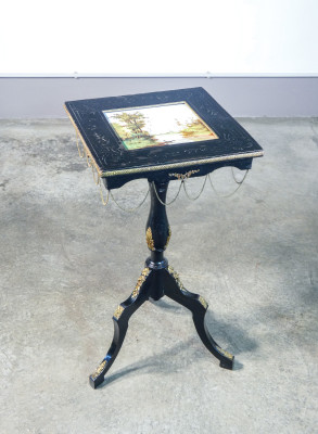?? TAVOLINO GUERIDON A VELA NAPOLEONE III PIASTRELLA DIPINTA A MANO LEGNO 1800