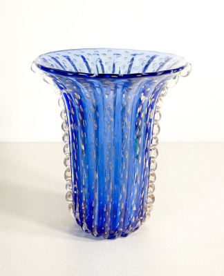 ?? VASO DESIGN TOSO MURANO VETRO SOFFIATO BULLICANTE BLU CORDONATO COLLEZIONE