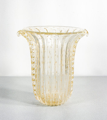 ?? VASO DESIGN TOSO MURANO VETRO SOFFIATO TRASPARENTE ORO BULLICANTE CORDONATO